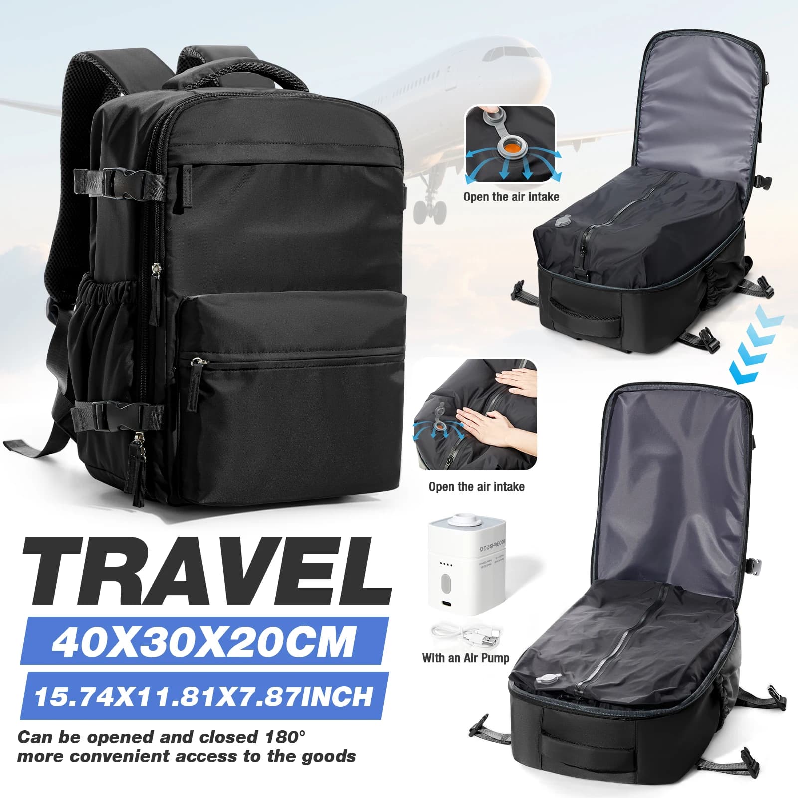 תיק גב Ryanair דחיסה בואקום 40x30x20 ס״מ עד למחשב נייד
