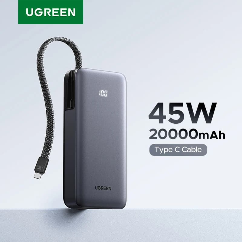 סוללת גיבוי UGREEN 20000mAh עם כבל USB-C מובנה