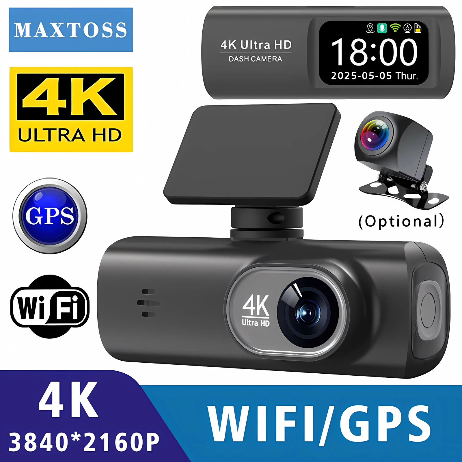מצלמת רכב 4K GPS WIFI קדמית ואחורית עם ראיית לילה