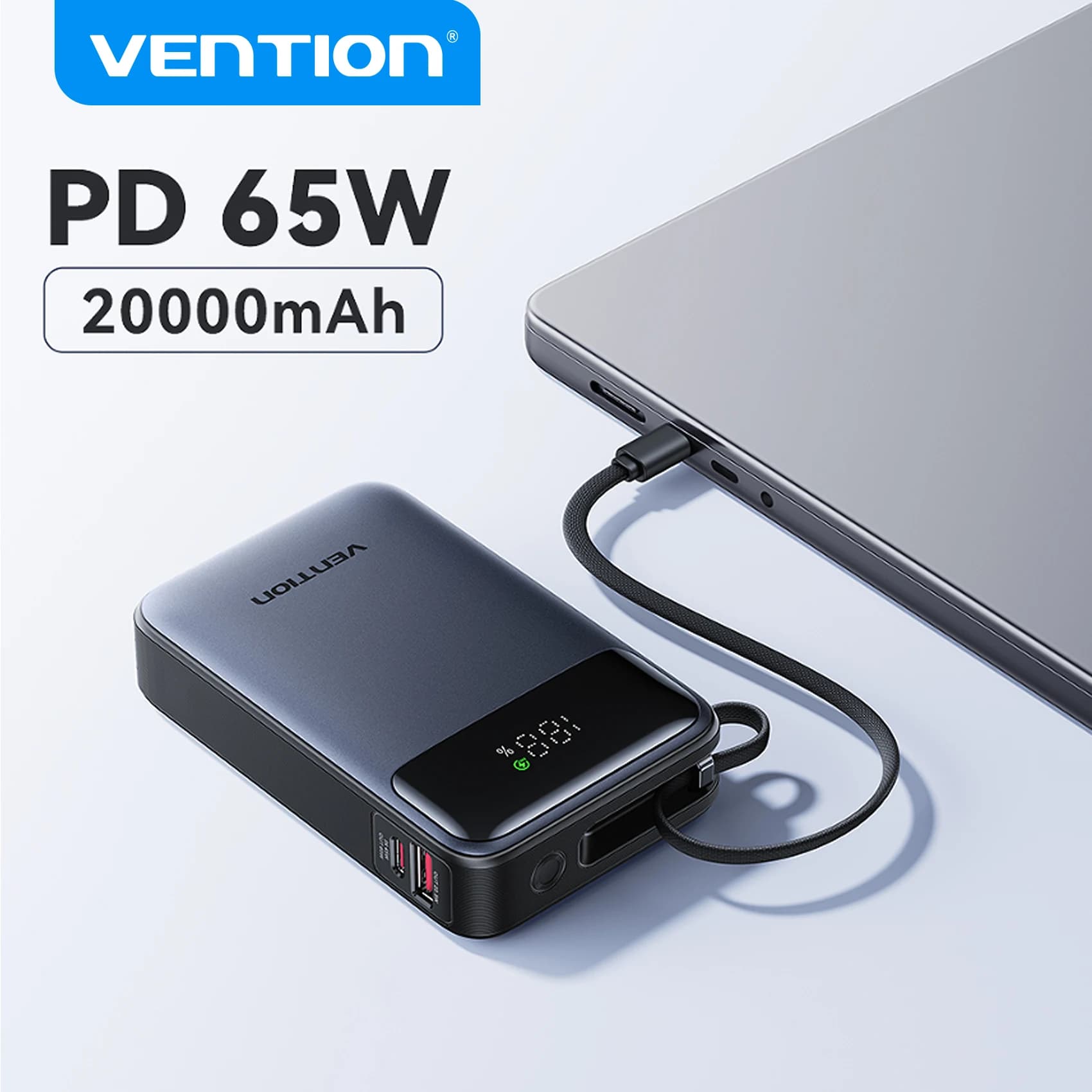 סוללת גיבוי Vention 20000mAh 65W עם כבל USB-C מובנה