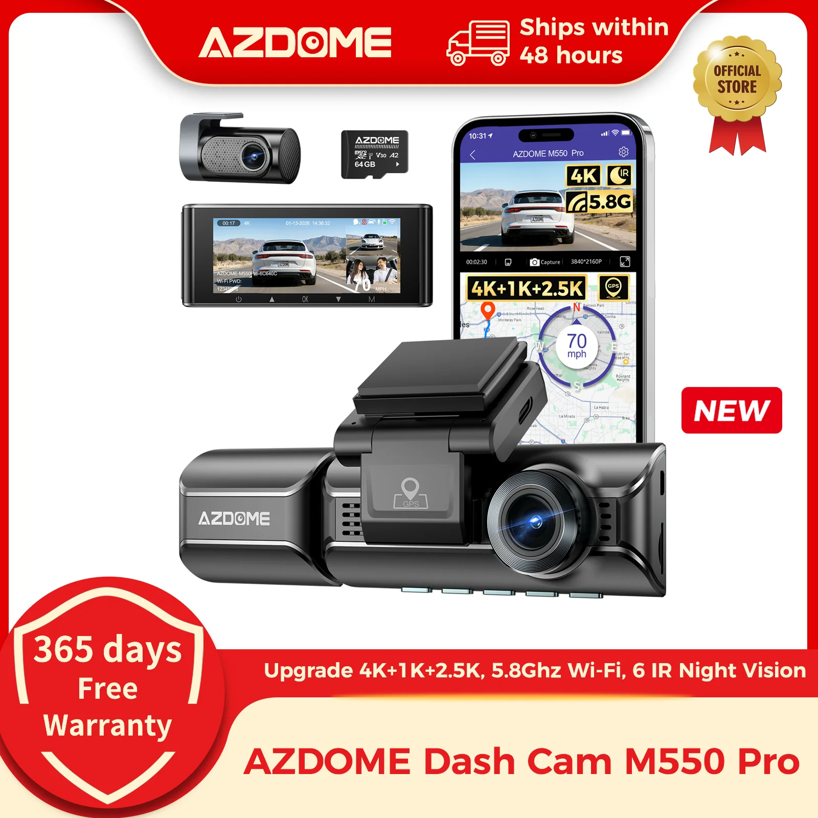 מצלמת רכב AZDOME M550 Pro 4K עם WiFi ו־GPS