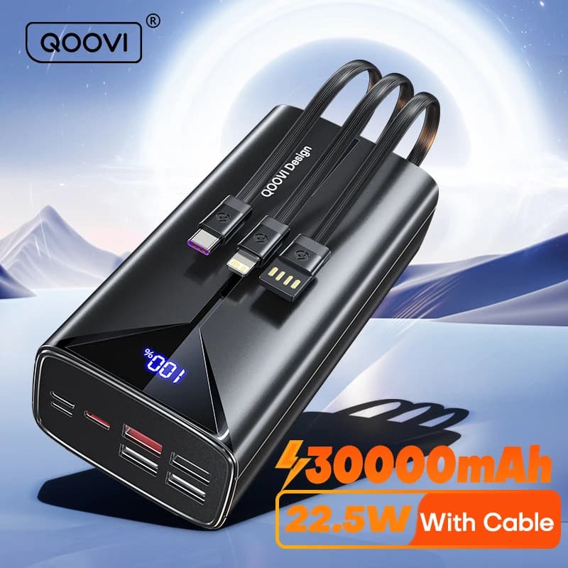 סוללת גיבוי QOOVI 30000mAh 22.5W עם כבל מובנה